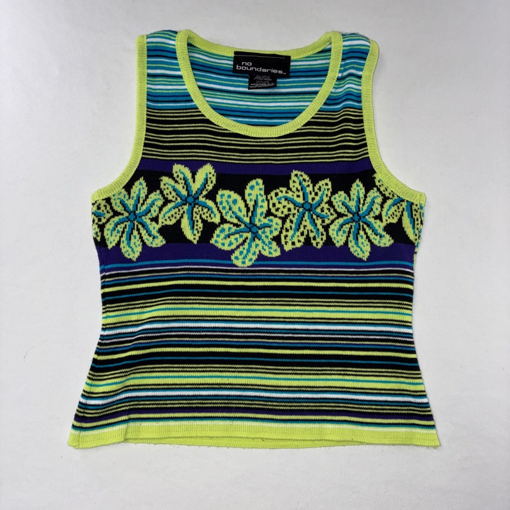 385 No Boundaries Knit Tank Top Medium 7/9 Lime Green Striped Floral Y2K